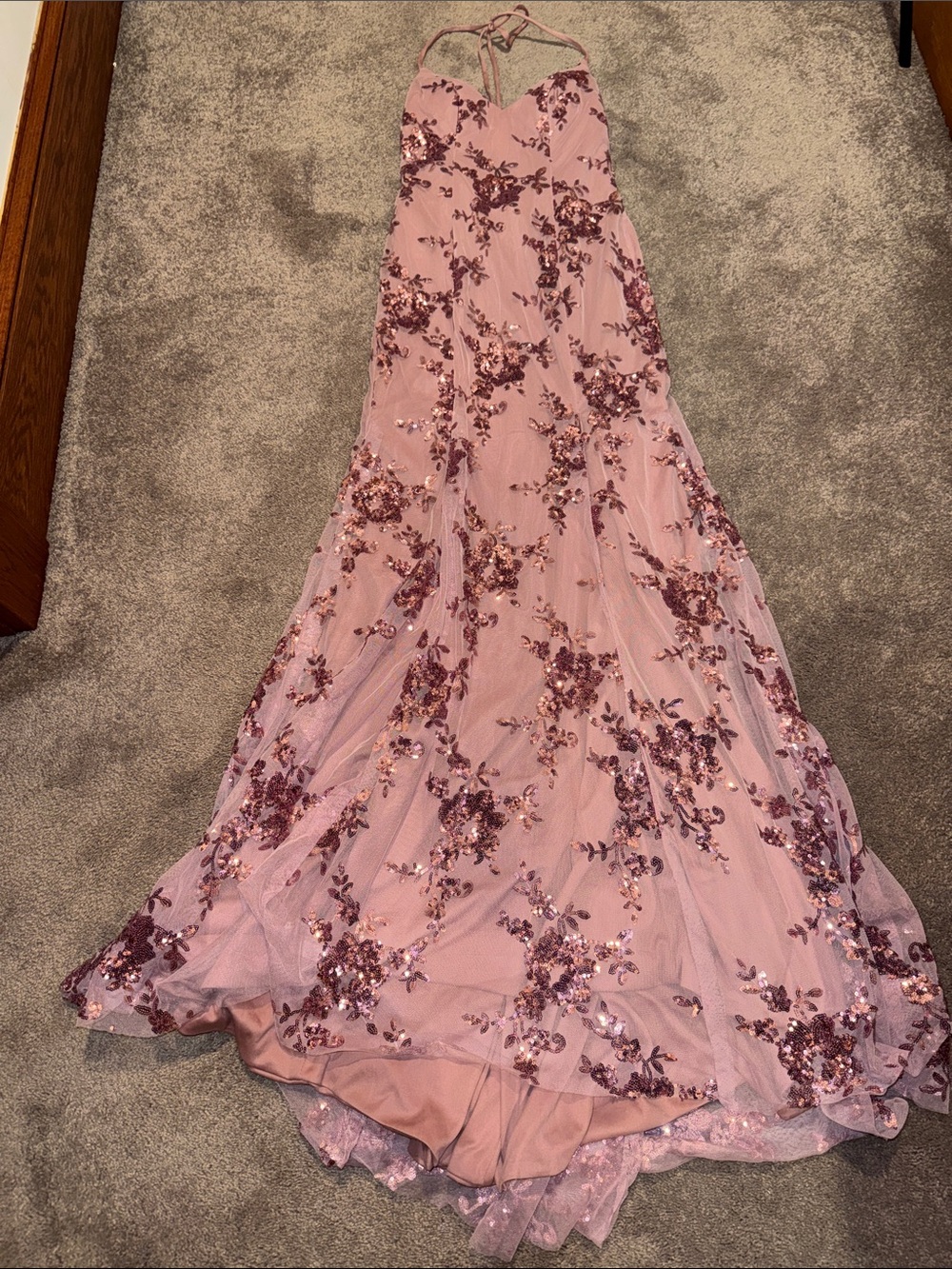 NWT Fashion Pink Sequin Floral Halter Maxi Dress Formal Prom Gown SIZE 2